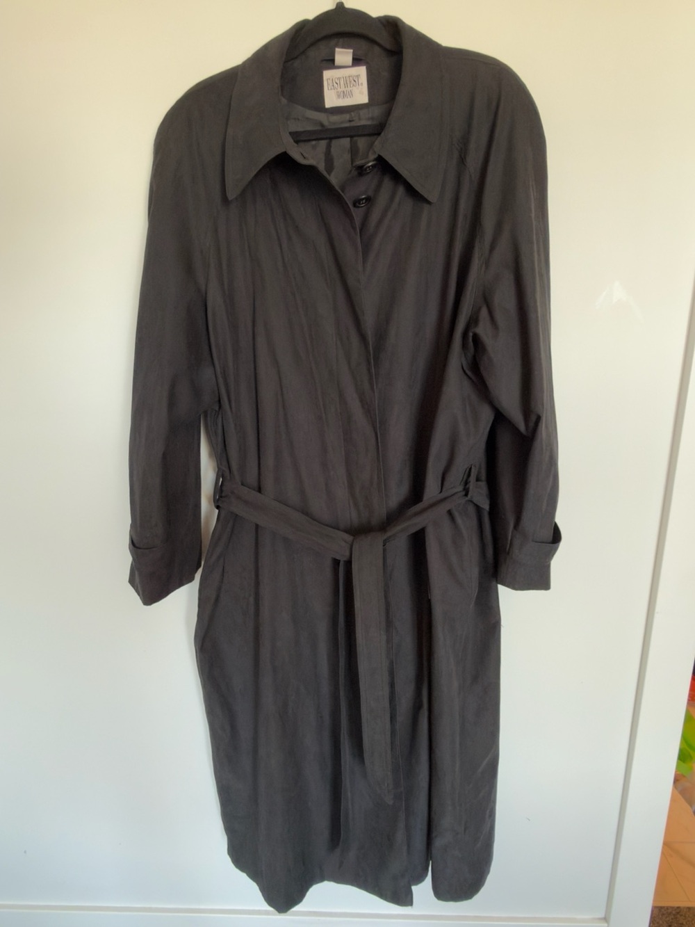 147. EastWest Woman Vintage Belted Trench Coat Black Plus Size 2XL